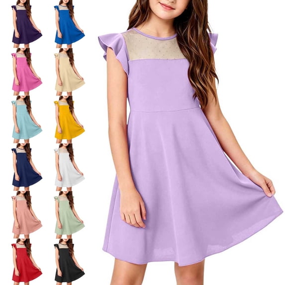 ITSAME Girls Midi Dresses Mesh Splicing Ruffle Sleeveless Summer Casual A-Line Dresses Purple Size 12-13