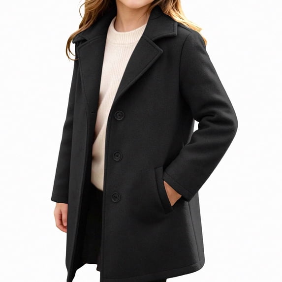 ITSAME Girls Notched Lapel Wool Blend Coat Single Breasted Mid Length Trench Outerwear with Pockets Size 12