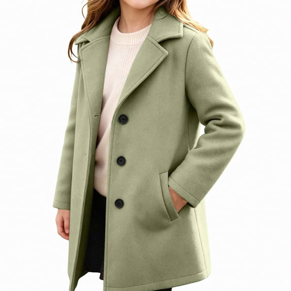ITSAME Girls Notched Lapel Wool Blend Coat Single Breasted Mid Length Trench Outerwear with Pockets Size 8
