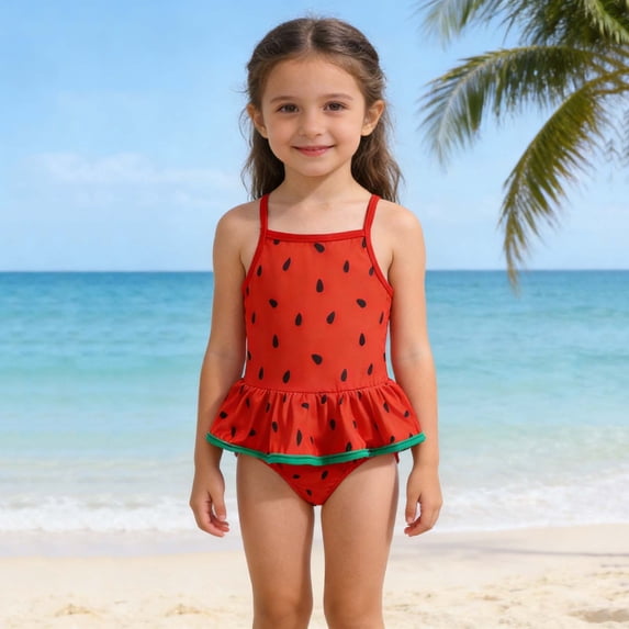 ITSAME Girls One-Piece Swimsuit, Spaghetti Strap Ruffle Bottom Quick-Dry Kids Summer Fashion Beach Swimwear Red 4T