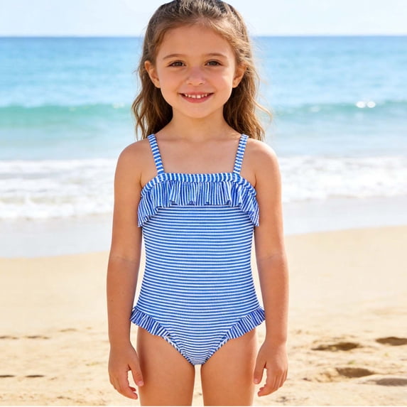 ITSAME Girls One-Piece Swimwear, Striped Print Quick-Dry Ruffle Summer Fashion Seaside Swimsuit Blue 5T