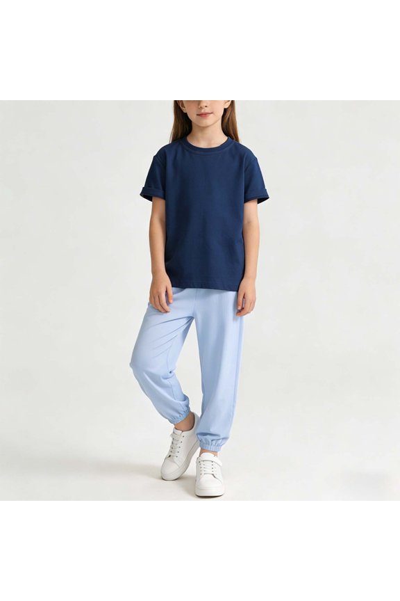 Girls Outfit 2-Piece, Cotton Crewneck T-Shirt and Tapered Pants Summer Fashion Casual Set Navy Size 12
