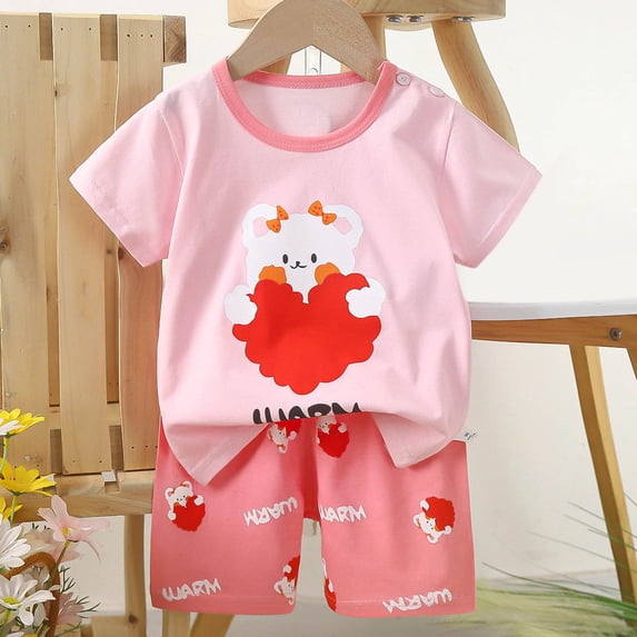 ITSAME Girls Outfit 2-Piece, Crewneck Short Sleeve Print Top and Shorts Two Piece Cotton Lightweight Summer Comfortable Casual Sets Pink 3T