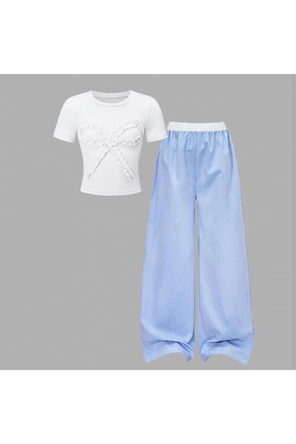 Girls Outfit 2-Piece, Cute Bow Crewneck T-Shirt and Loose Pants Summer Casual Fashion Clothes Set Blue Size 12