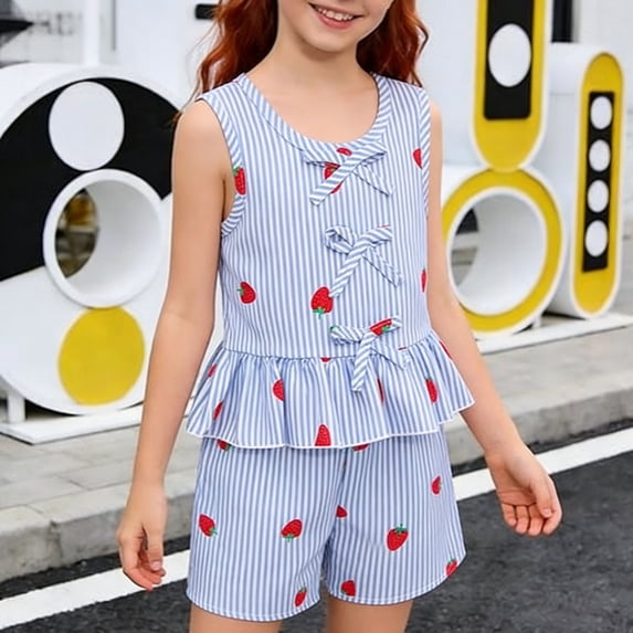 ITSAME Girls Outfit 2-Piece, Cute Bow Ruffled Tank Top and Shorts Summer Fashion Casual Set Blue Size 2-3T