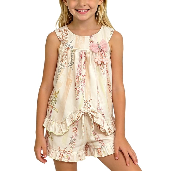ITSAME Girls Outfit 2-Piece Fashion Print Ruffle Tank and Shorts Summer Casual Clothes Set Pink Size 9-10