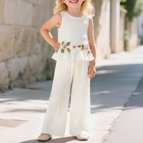 ITSAME Girls Outfit 2-Piece, Floral Embroidery Ruffle Tank Top and Loose Pants Summer Fashion Casual Set White Size 3-4T
