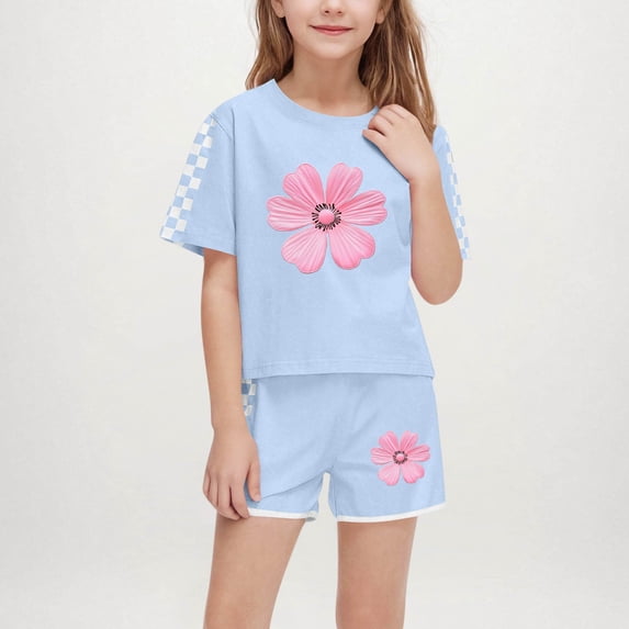 ITSAME Girls Outfit 2-Piece, Floral Print Round Neck Short Sleeve Top and Elastic Waist Shorts Summer Trendy Casual Sets Sky Blue 7T