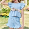 thumbnail image 1 of ITSAME Girls Outfit 2-Piece, Flower Embroidery Top and Ruffled Shorts Summer Casual Clothing Set Light Blue Size 7-8, 1 of 8