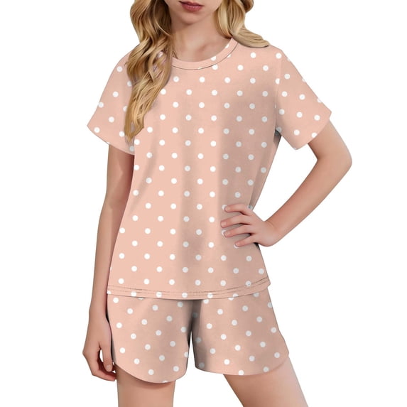 ITSAME Girls Outfit 2-Piece, Polka Dot Printed Crewneck Shirt and Shorts Kids Fashion Casual Home Clothes Set Beige 11T