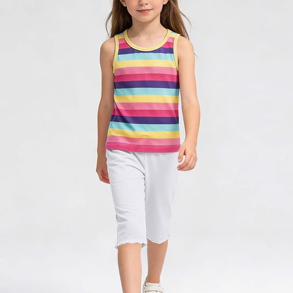 ITSAME Girls Outfit 2-Piece, Striped Print Tank Top and Capri Pants Cotton Summer Fashion Casual Set White Size 12