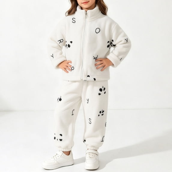 ITSAME Girls Outfit 2-Piece Zipper Stand Collar Jacket and Tapered Pants Fall Winter Casual Comfy Set White Size 4T