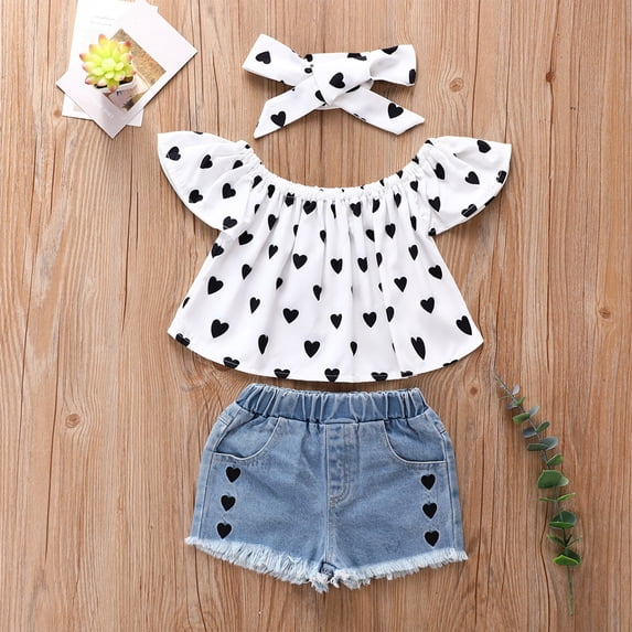 ITSAME Girls Outfit 3-Piece, Heart Print Ruffle Sleeve Pullover Top and Denim Shorts with Heart Print Headscarf Summer Stylish Casual Sets Black 4-5T