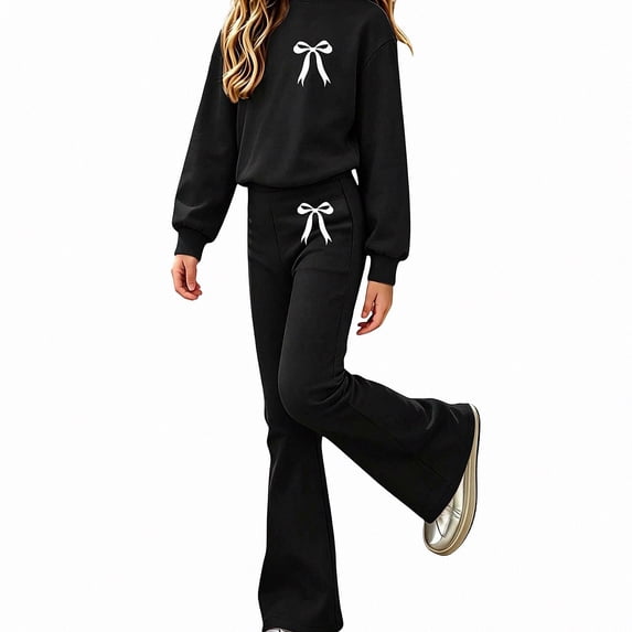 ITSAME Girls Outfit Set 2-Piece Fall Clothes Bow Print Long Sleeve Crewneck Pullover and Flared Pants Size 13