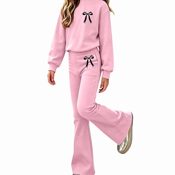 ITSAME Girls Outfit Set 2-Piece Fall Clothes Bow Print Long Sleeve Crewneck Pullover and Flared Pants Size 14