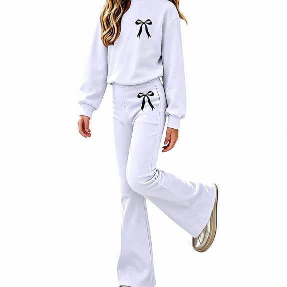 ITSAME Girls Outfit Set 2-Piece Fall Clothes Bow Print Long Sleeve Crewneck Pullover and Flared Pants Size 5T