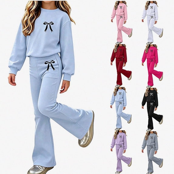 ITSAME Girls Outfit Set 2-Piece Fall Clothes Bow Print Long Sleeve Crewneck Pullover and Flared Pants Size 7