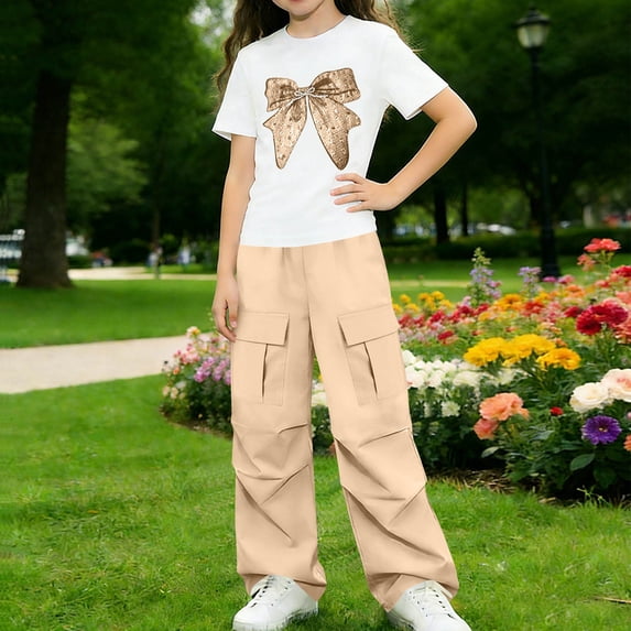 ITSAME Girls Outfit Set Bow Print T-Shirt and Cargo Pants 2-Piece Summer Fashion Casual Clothes Beige Size 9
