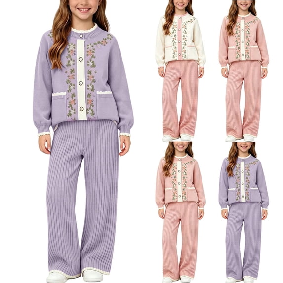ITSAME Girls Outfit Set Button Down Knit Cardigan and Pants 2-Piece Fall Winter Comfy Casual Clothes White Size 2T