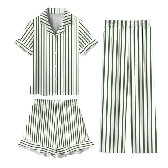 ITSAME Girls Outfit Set, Button Up Short Sleeve Shirt with Casual Loose Shorts and Pants Kids Home Clothes 3-Piece Green 9T