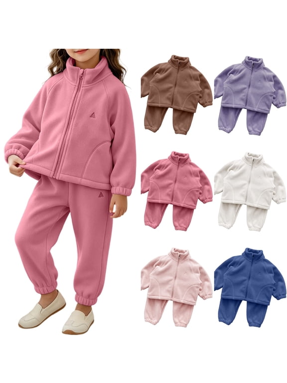 Girls Outfit Set Cotton Zipper Stand Collar Jacket and Jogger Pants Fall Winter Warm Comfy Two Piece Set Pink Size 8