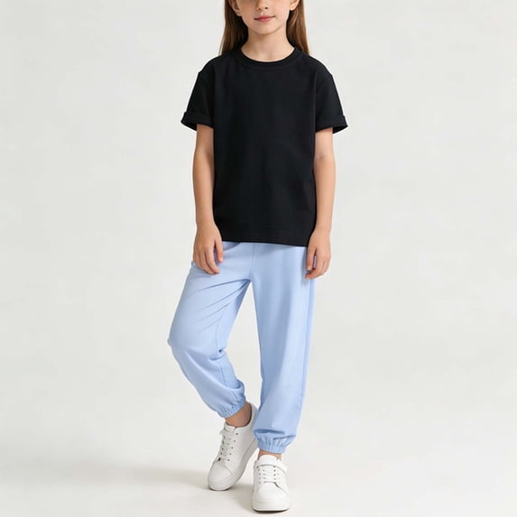 ITSAME Girls Outfit Set, Crewneck T-Shirt and Tapered Pants Cotton Summer Casual Clothes 2-Piece Black Size 7-8