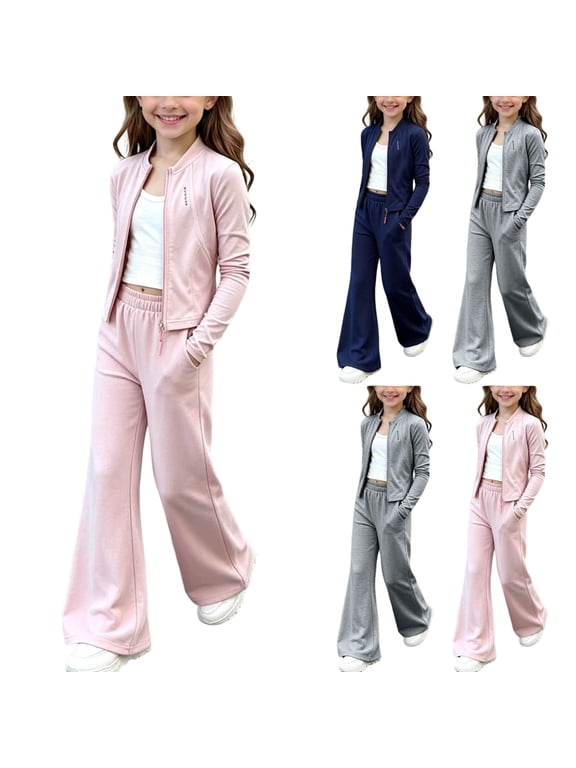 Girls Outfit Set Long Sleeve Zipper Top and Pants 2-Piece Kids Athletic Casual Clothes Pink Size 6