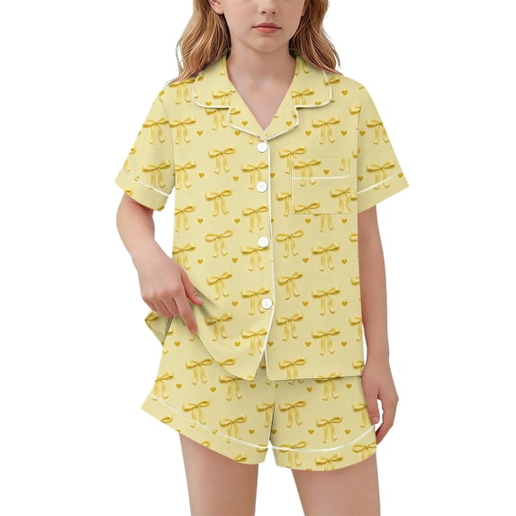 ITSAME Girls Outfit Sets, Bow Print Lapel Button Up Tops and Shorts Fashion Lougewear 2-Piece Yellow Size 7-8