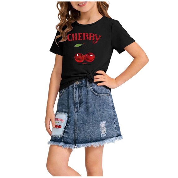 ITSAME Girls Outfit Sets, Crewneck Printed T-Shirts and Denim Skirts Summer Casual Clothes 2-Piece Black Size 7-8