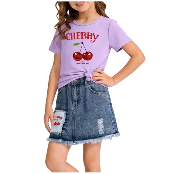ITSAME Girls Outfit Sets, Crewneck Printed T-Shirts and Denim Skirts Summer Casual Clothes 2-Piece Purple Size 4-5