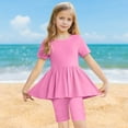 thumbnail image 1 of ITSAME Girls Outfit Sets, Crewneck Short Sleeve Ruffle Top and Legging Shorts 2-Piece Lightweight Summer Stylish Leisure Sets Pink 8T, 1 of 8