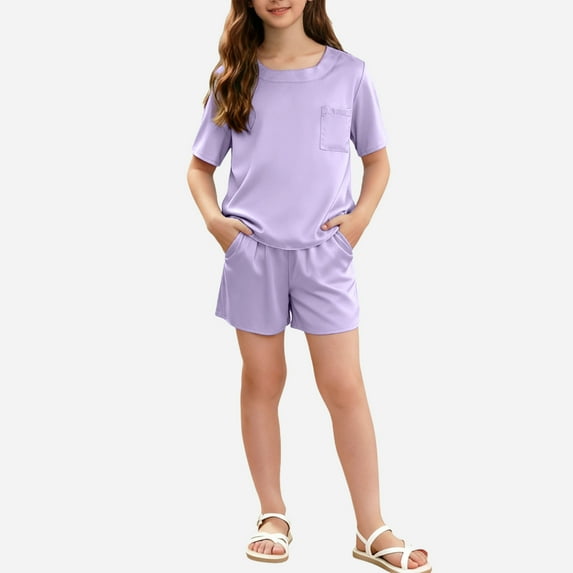 ITSAME Girls Outfit Sets, Crewneck T-Shirt and Shorts 2-Piece Loungewear Summer Lightweight Comfortable Sets Purple 9-10T