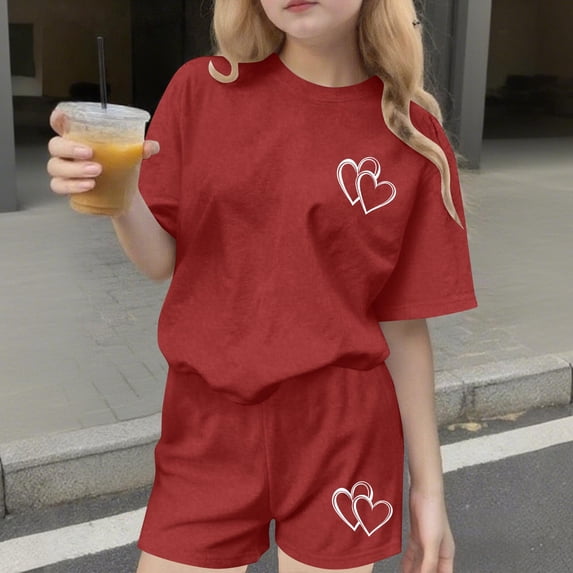 ITSAME Girls Outfit Sets, Crewneck T-Shirts and Shorts Heart Print Summer Loose Casual Clothes 2-Piece Red Size 4-5