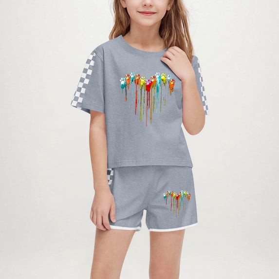 ITSAME Girls Outfit Sets, Loose Fit Crewneck Short Sleeve Print T-Shirt and Elastic Waist Shorts 2-Piece Summer Casual Fashion Sets Gray 9T