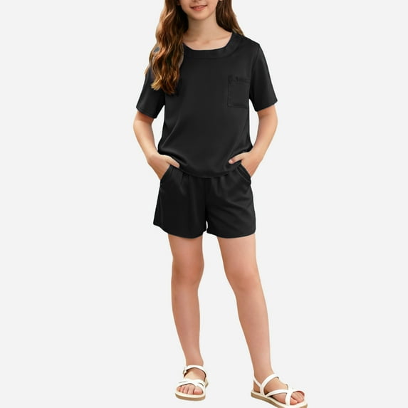 ITSAME Girls Outfit Sets, Loungewear Crewneck T-Shirt and Shorts 2-Piece Summer Lightweight Comfortable Sets Black 5-6T