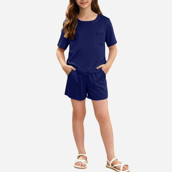 ITSAME Girls Outfit Sets, Loungewear Crewneck T-Shirt and Shorts 2-Piece Summer Lightweight Comfortable Sets Navy 13-14T