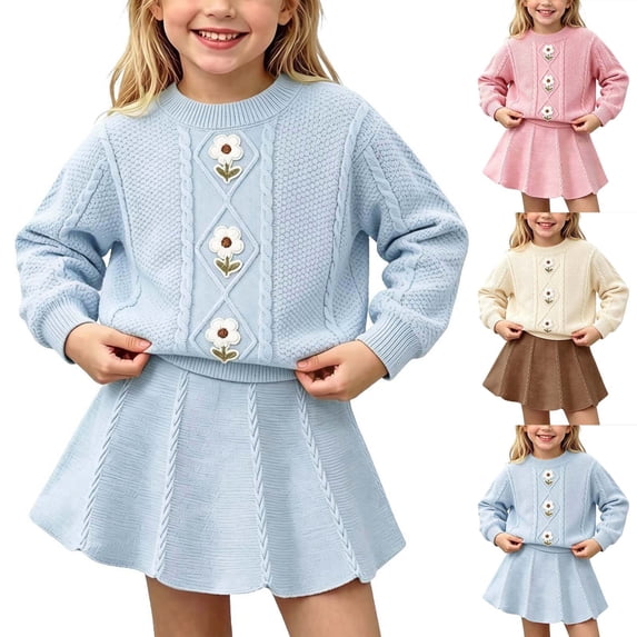 ITSAME Girls Outfit Two Piece Knit Crewneck Pullover Top and Skirt Fall Winter Fashion Casual Set Beige Size 8
