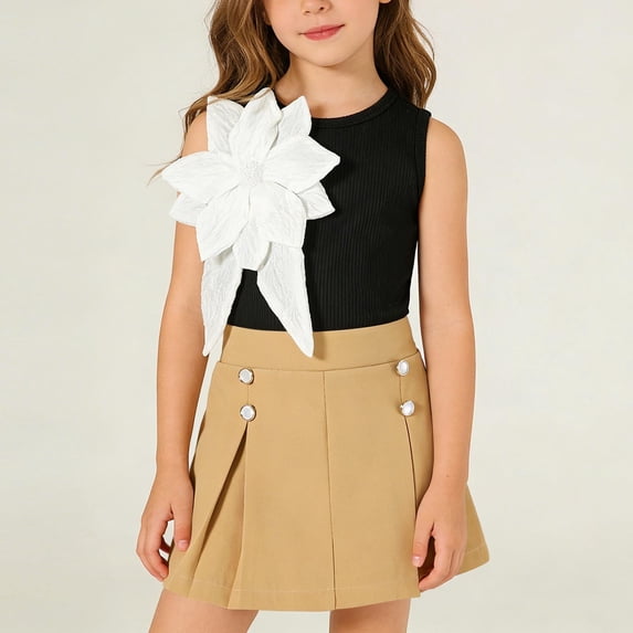 ITSAME Girls Outfits 2-Piece, Big Flower Sleeveless Tops and Skorts Summer Fashion Dressy Clothes Khaki Size 2-3