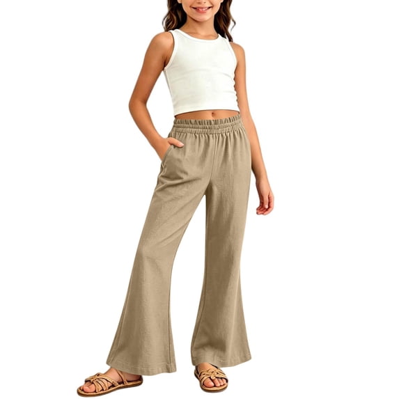 ITSAME Girls Outfits 2-Piece Cotton Linen Crop Tank Top and Flared Pants Summer Fashion Casual Set Khaki Size 11-12