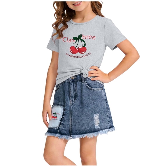 ITSAME Girls Outfits 2-Piece, Crewneck Printed T-Shirts and Denim Skirts Summer Comfortable Clothes Set Gray Size 4-5