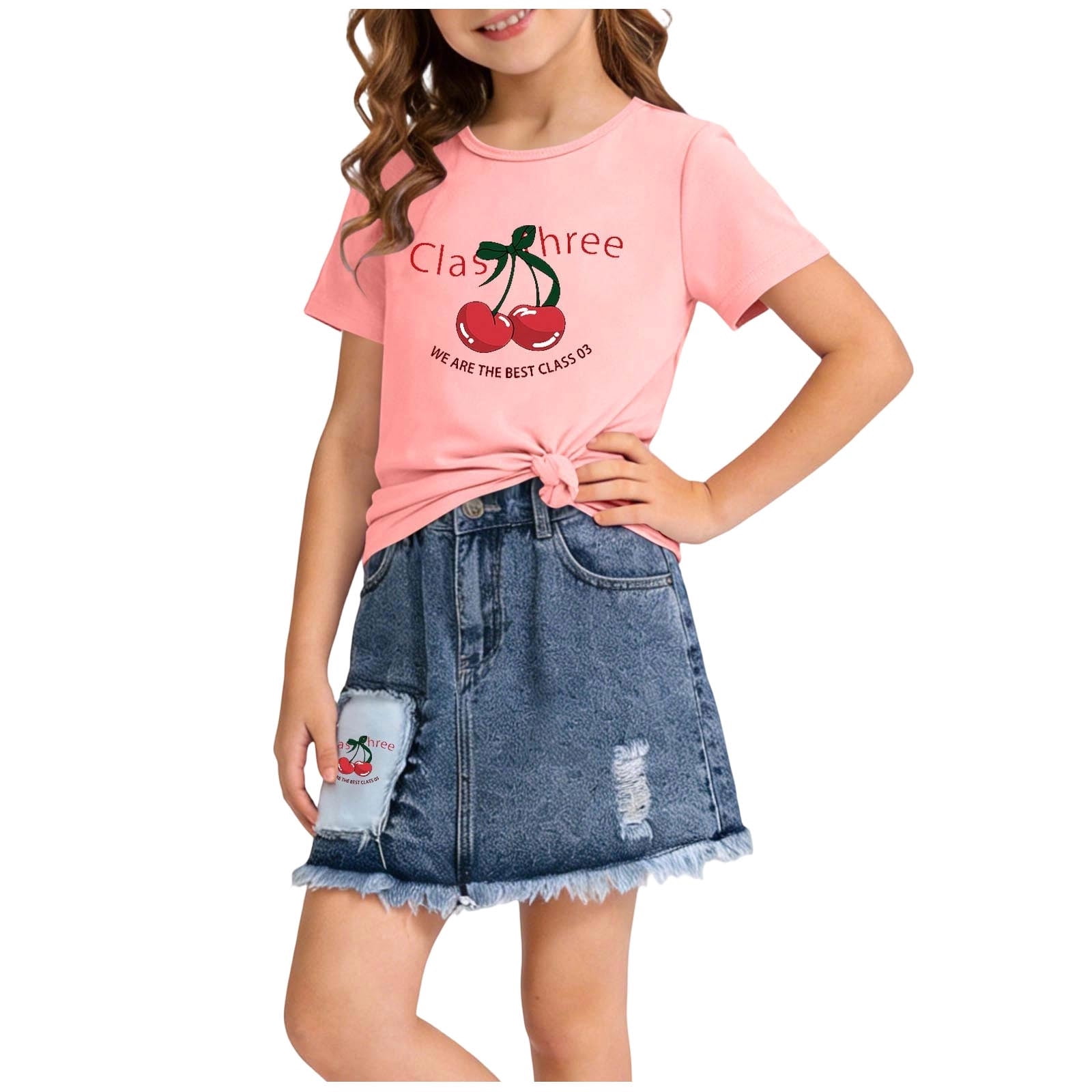 ITSAME Girls Outfits 2-Piece, Crewneck Printed T-Shirts and Denim Skirts Summer Comfortable Clothes Set Pink Size 6