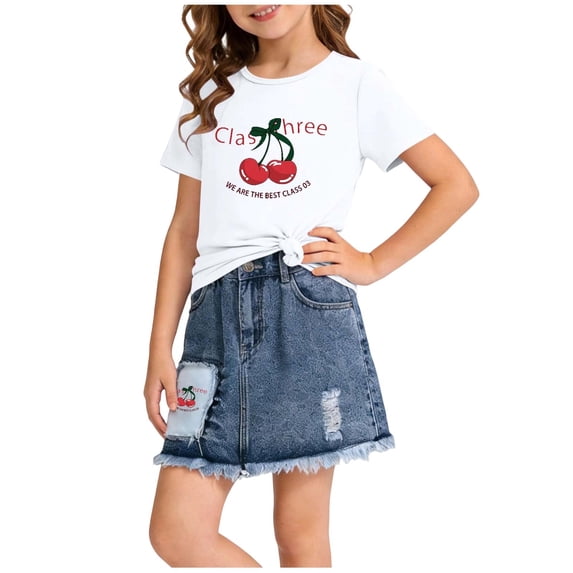 ITSAME Girls Outfits 2-Piece, Crewneck Printed T-Shirts and Denim Skirts Summer Comfortable Clothes Set White Size 6