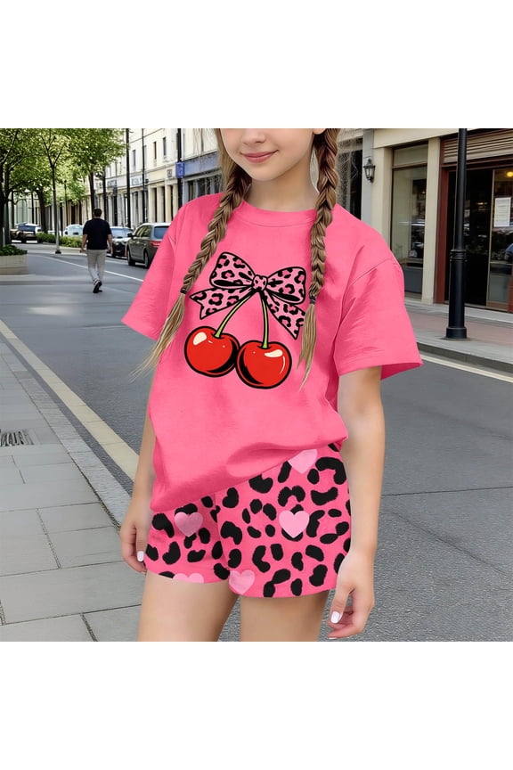 Girls Outfits 2-Piece, Crewneck T-Shirts and Shorts Fashion Print Summer Loose Casual Clothes Set Hot Pink Size 12