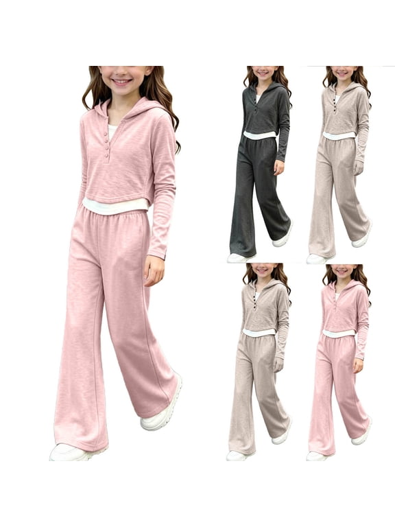 Girls Outfits 2-Piece Long Sleeve Hooded Tops and Pants Spring Fall Casual Athletic Set Pink Size 6