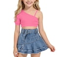thumbnail image 1 of ITSAME Girls Outfits 2-Piece One-Shoulder Crop Top and Tiered Denim Skirt Summer Casual Clothes Set Hot Pink Size 6-7, 1 of 9