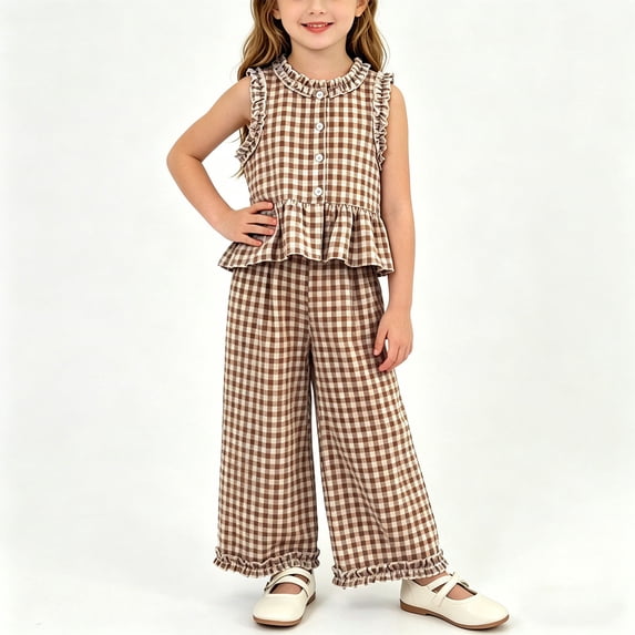 ITSAME Girls Outfits 2-Piece Plaid Ruffle Tank Top & Pants Kids Fashion Casual Set Brown Size 8