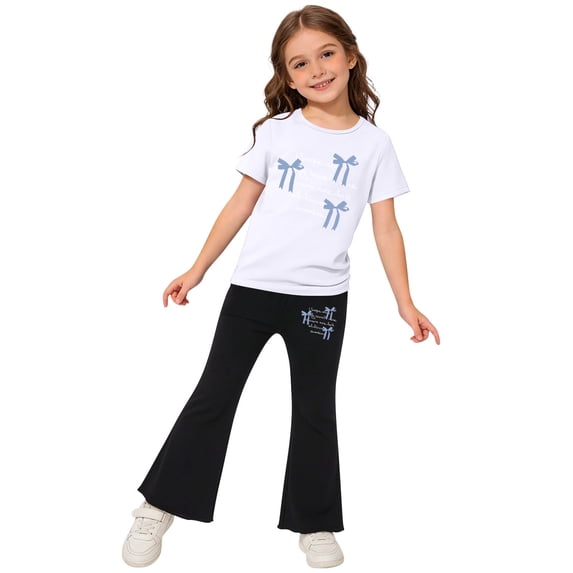 ITSAME Girls Outfits 2-Piece, Short Sleeve Shirts and Wide Leg Pants Bow Print Casual Clothes Set White Size 4-5
