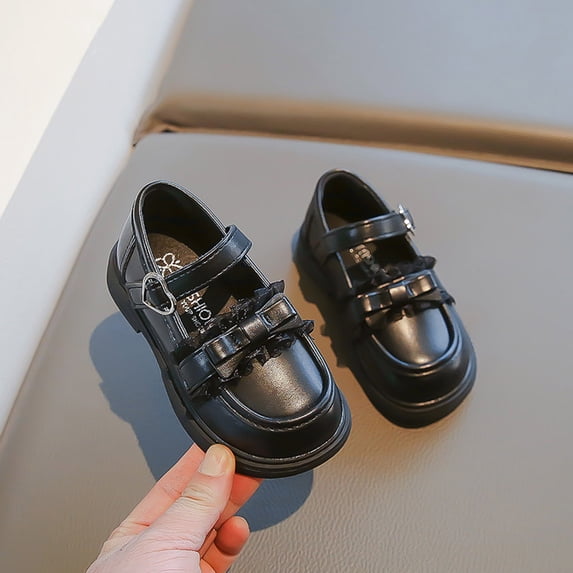 ITSAME Girls Platform Loafers, Closed Toe Adjustable Strap Soft Sole Kids School Uniform Dress Shoes Black 11.5(Little Kids)