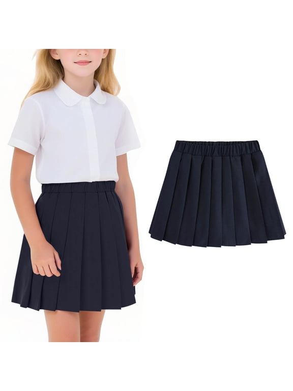 Girls Pleated Skirt, Cotton Elastic Waist Comfortable Versatile School Uniform Skirt Navy 6-7T