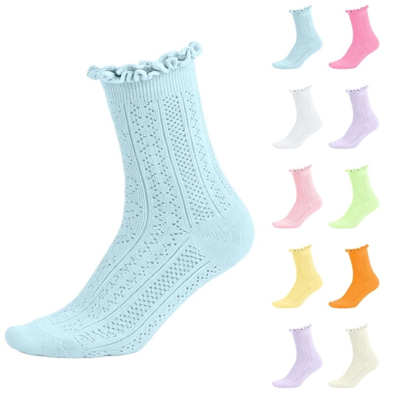 ITSAME Girls Princess Ruffle Socks Solid Color Cotton Lace Trim Mid Calf Spring Summer Crew Socks Hot Pink Size 6